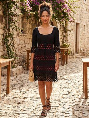 Temperley London Black & Red Crochet Lace Overlay Dress